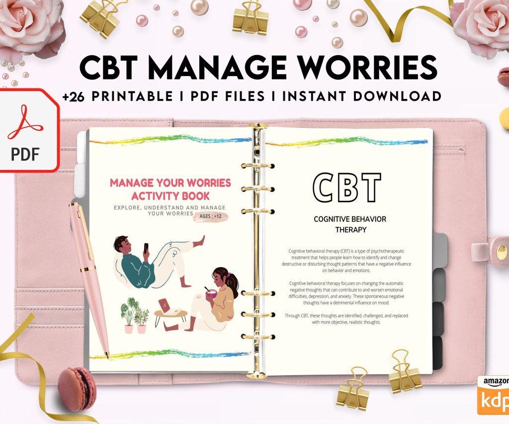 CBT activity book for Adults and kids age 12+, therapy worksheets, therapy tools, therapy resources, zones of regulation, anxiety, PDF Printable, 8,5×11″ A4 size anxiety resources