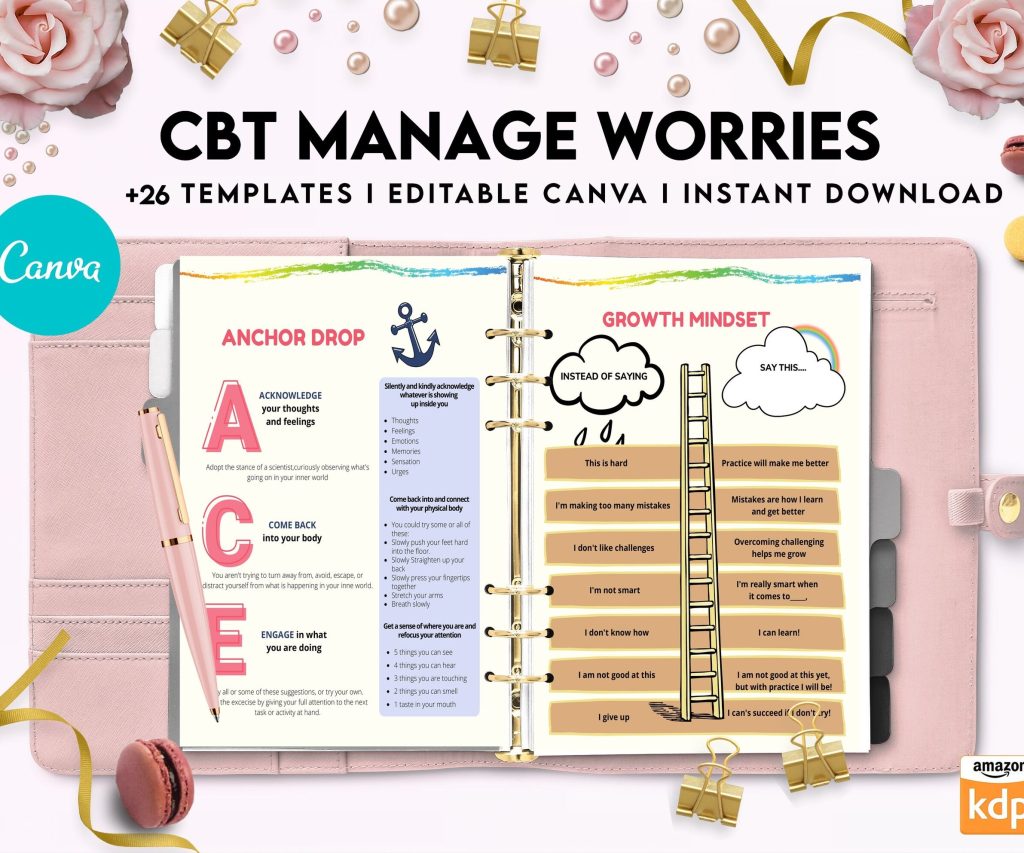 CBT activity book for Adults and kids age 12+, therapy worksheets, therapy tools, therapy resources, zones of regulation, anxiety, Canva Editable Templates, interior anxiety resources