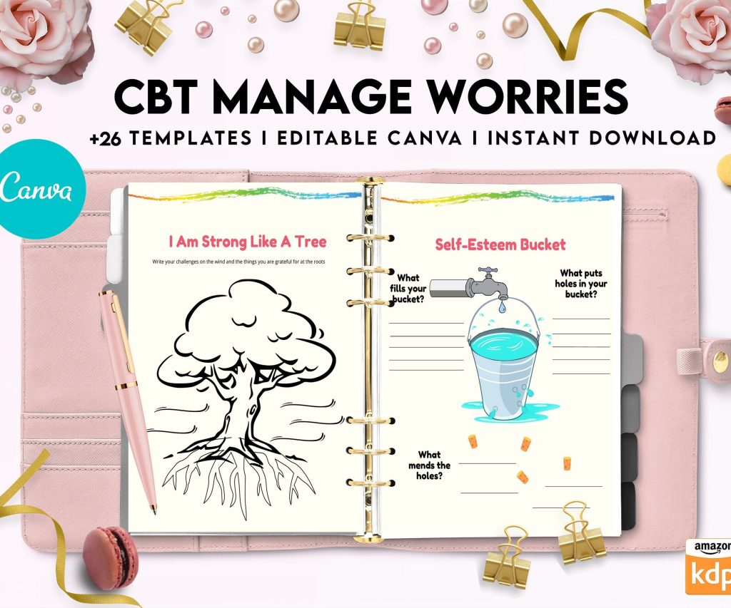 CBT activity book for Adults and kids age 12+, therapy worksheets, therapy tools, therapy resources, zones of regulation, anxiety, Canva Editable Templates, interior anxiety resources