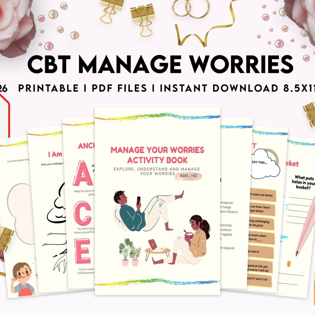 CBT activity book for Adults and kids age 12+, therapy worksheets, therapy tools, therapy resources, zones of regulation, anxiety, PDF Printable, 8,5×11″ A4 size anxiety resources