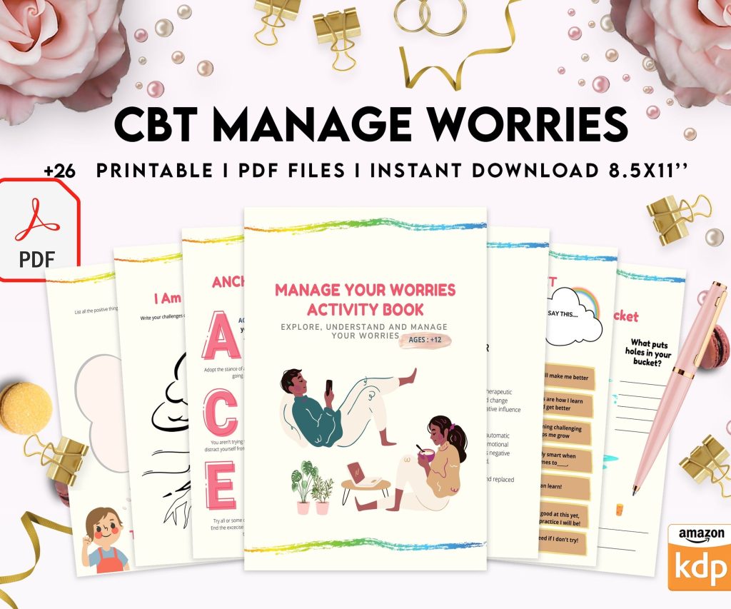 CBT activity book for Adults and kids age 12+, therapy worksheets, therapy tools, therapy resources, zones of regulation, anxiety, PDF Printable, 8,5×11″ A4 size anxiety resources