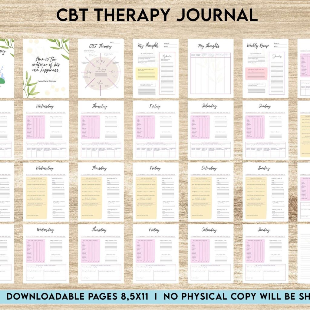CBT Journal, CBT Worksheet and Planner Bundle, Cognitive Behavioural Therapy, PDF Printable, 8,5×11″ A4 size