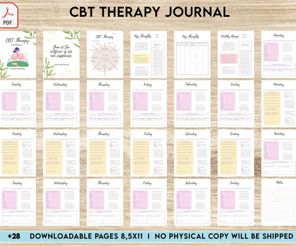 CBT Journal, CBT Worksheet and Planner Bundle, Cognitive Behavioural Therapy, PDF Printable, 8,5×11″ A4 size