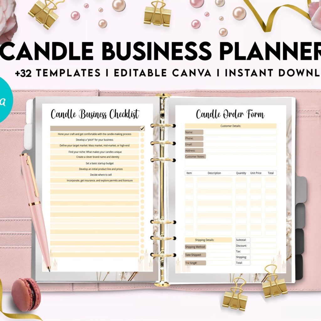 Candle Business Planner, Order form, Invoice, Tracker, 32 pages Canva Editable Templates, interior business invoice