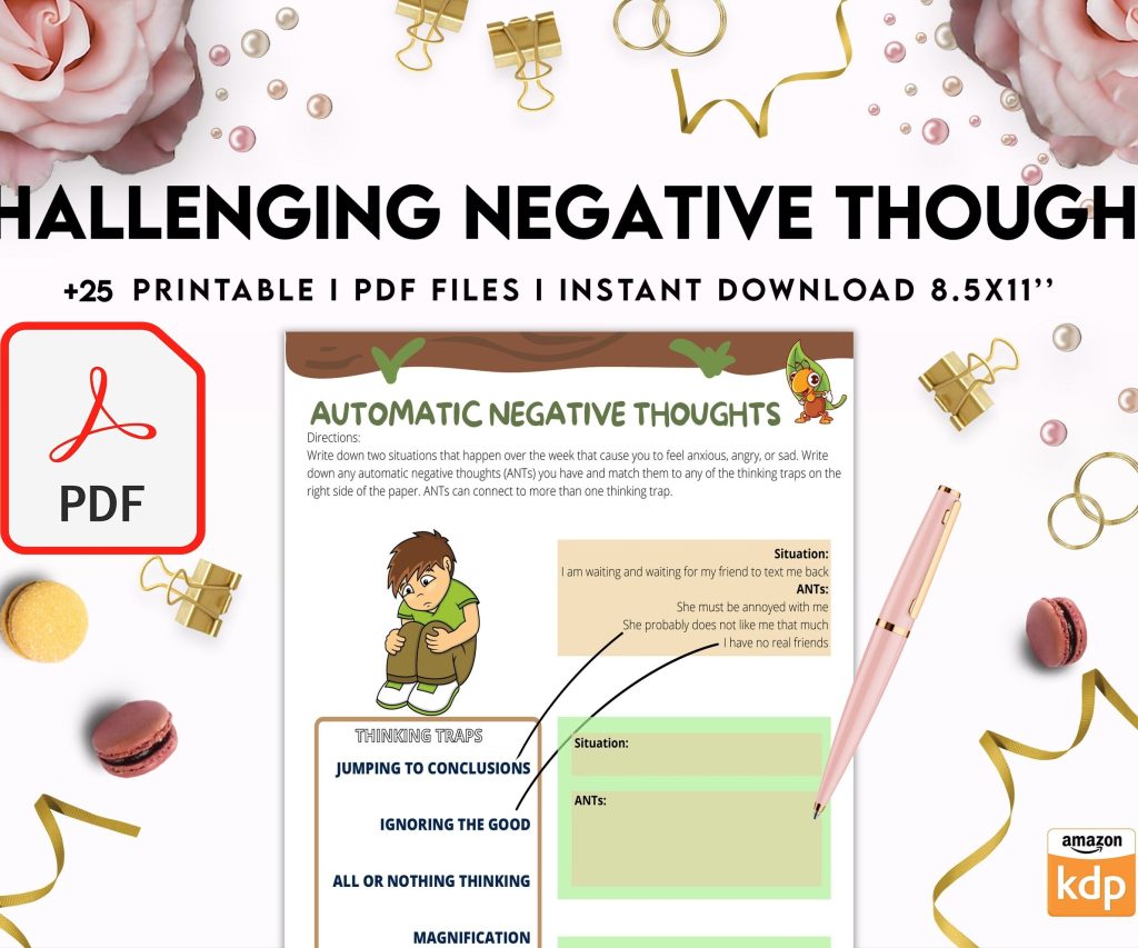 Challenging Negative Thoughts, CBT 8×11 inch pages size Worksheets, Self care journal, Self Help Tool Therapy Mental Health Counseling Aid, PDF Printable, 8,5×11″ A4 size cbt