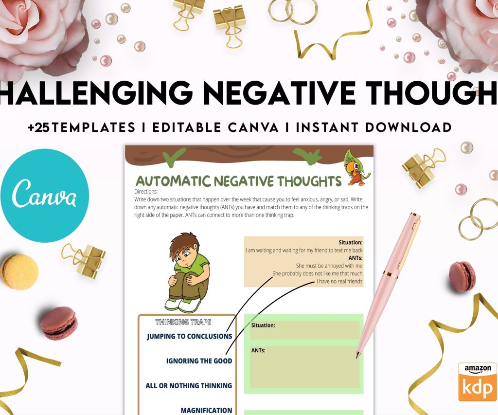 Challenging Negative Thoughts, CBT Editable Templates Worksheets, Self care journal, Self Help Tool Therapy Mental Health Counseling Aid, Canva Editable Templates, interior cbt