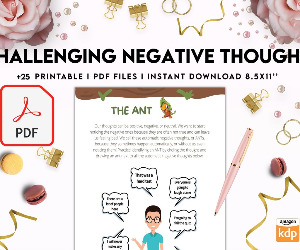 Challenging Negative Thoughts, CBT 8×11 inch pages size Worksheets, Self care journal, Self Help Tool Therapy Mental Health Counseling Aid, PDF Printable, 8,5×11″ A4 size cbt