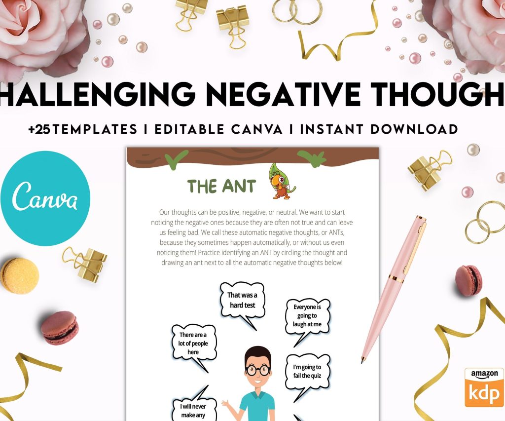 Challenging Negative Thoughts, CBT Editable Templates Worksheets, Self care journal, Self Help Tool Therapy Mental Health Counseling Aid, Canva Editable Templates, interior cbt