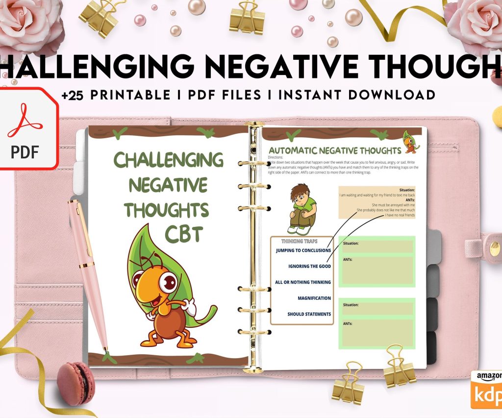 Challenging Negative Thoughts, CBT 8×11 inch pages size Worksheets, Self care journal, Self Help Tool Therapy Mental Health Counseling Aid, PDF Printable, 8,5×11″ A4 size cbt