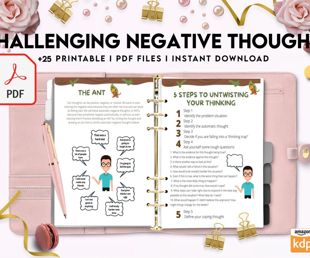 Challenging Negative Thoughts, CBT 8×11 inch pages size Worksheets, Self care journal, Self Help Tool Therapy Mental Health Counseling Aid, PDF Printable, 8,5×11″ A4 size cbt