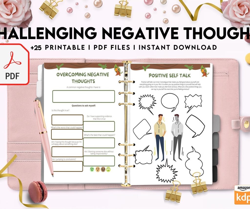 Challenging Negative Thoughts, CBT 8×11 inch pages size Worksheets, Self care journal, Self Help Tool Therapy Mental Health Counseling Aid, PDF Printable, 8,5×11″ A4 size cbt