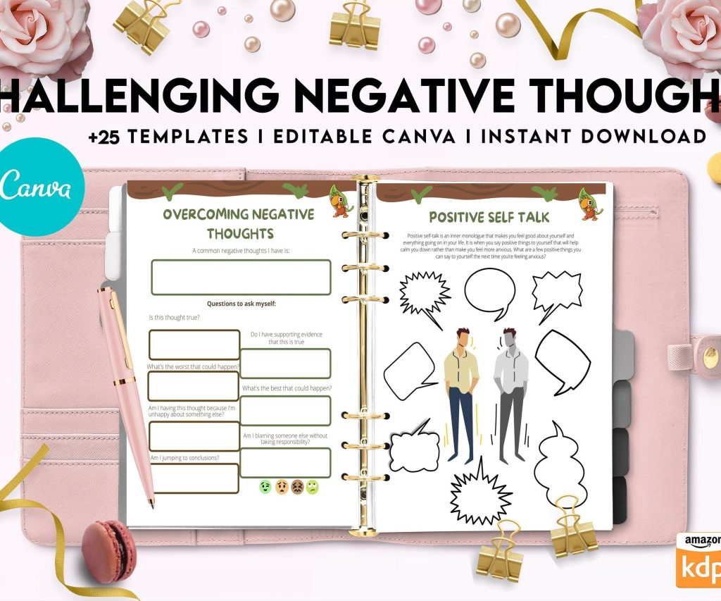 Challenging Negative Thoughts, CBT Editable Templates Worksheets, Self care journal, Self Help Tool Therapy Mental Health Counseling Aid, Canva Editable Templates, interior cbt