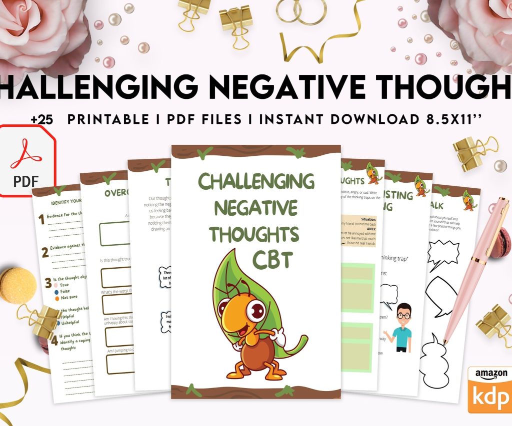 Challenging Negative Thoughts, CBT 8×11 inch pages size Worksheets, Self care journal, Self Help Tool Therapy Mental Health Counseling Aid, PDF Printable, 8,5×11″ A4 size cbt