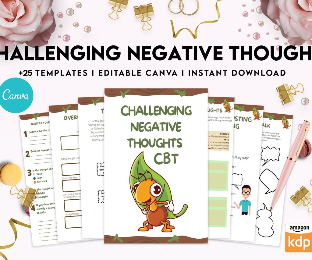 Challenging Negative Thoughts, CBT Editable Templates Worksheets, Self care journal, Self Help Tool Therapy Mental Health Counseling Aid, Canva Editable Templates, interior cbt