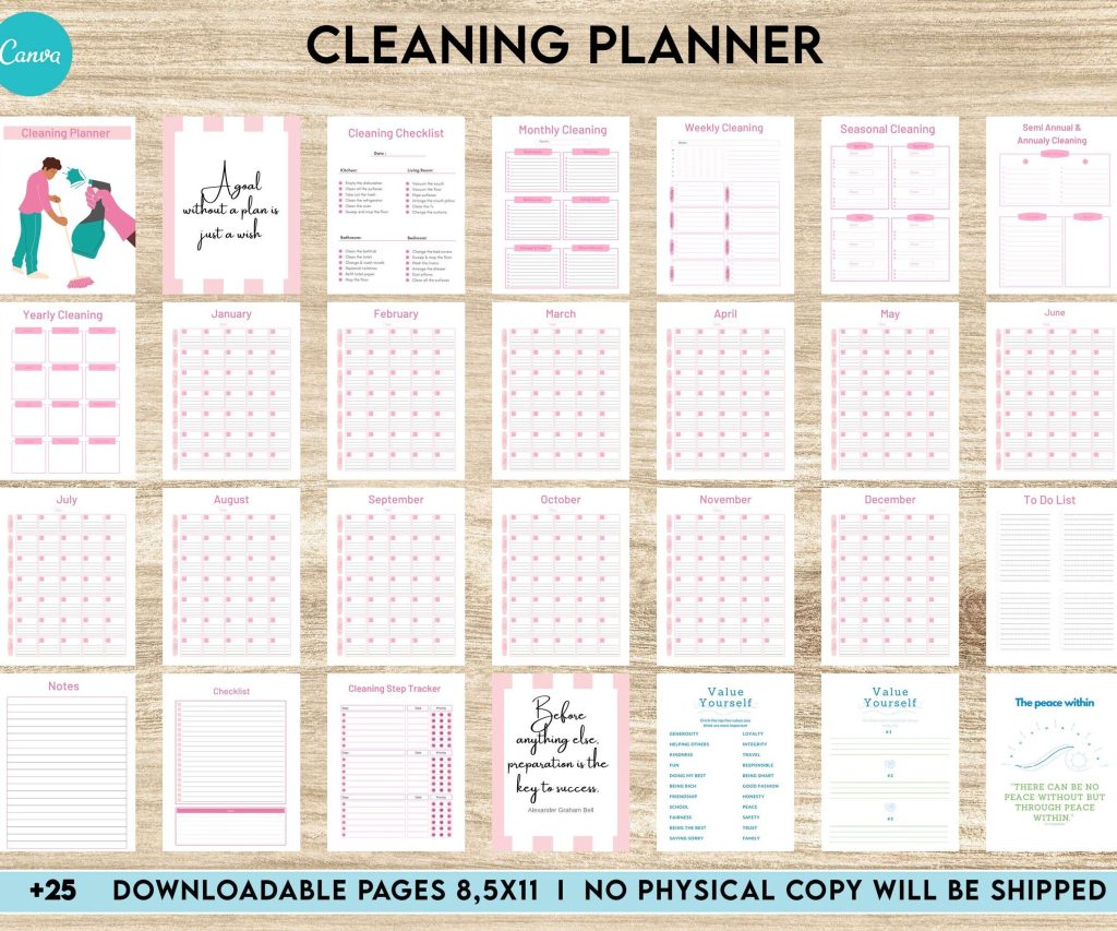 Cleaning Planner, Daily weekly monthly planner, cleaning Checklist, Cleaning tracker, Canva Editable Templates, interior cleaning binder