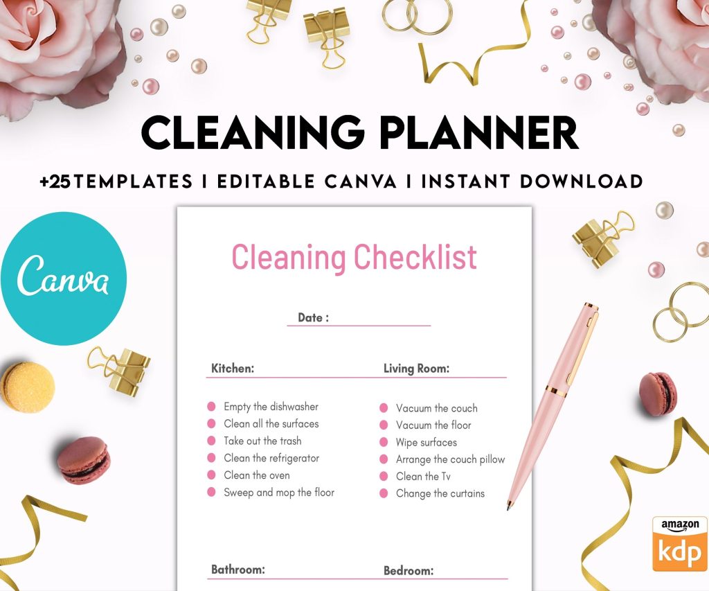 Cleaning Planner, Daily weekly monthly planner, cleaning Checklist, Cleaning tracker, Canva Editable Templates, interior cleaning binder