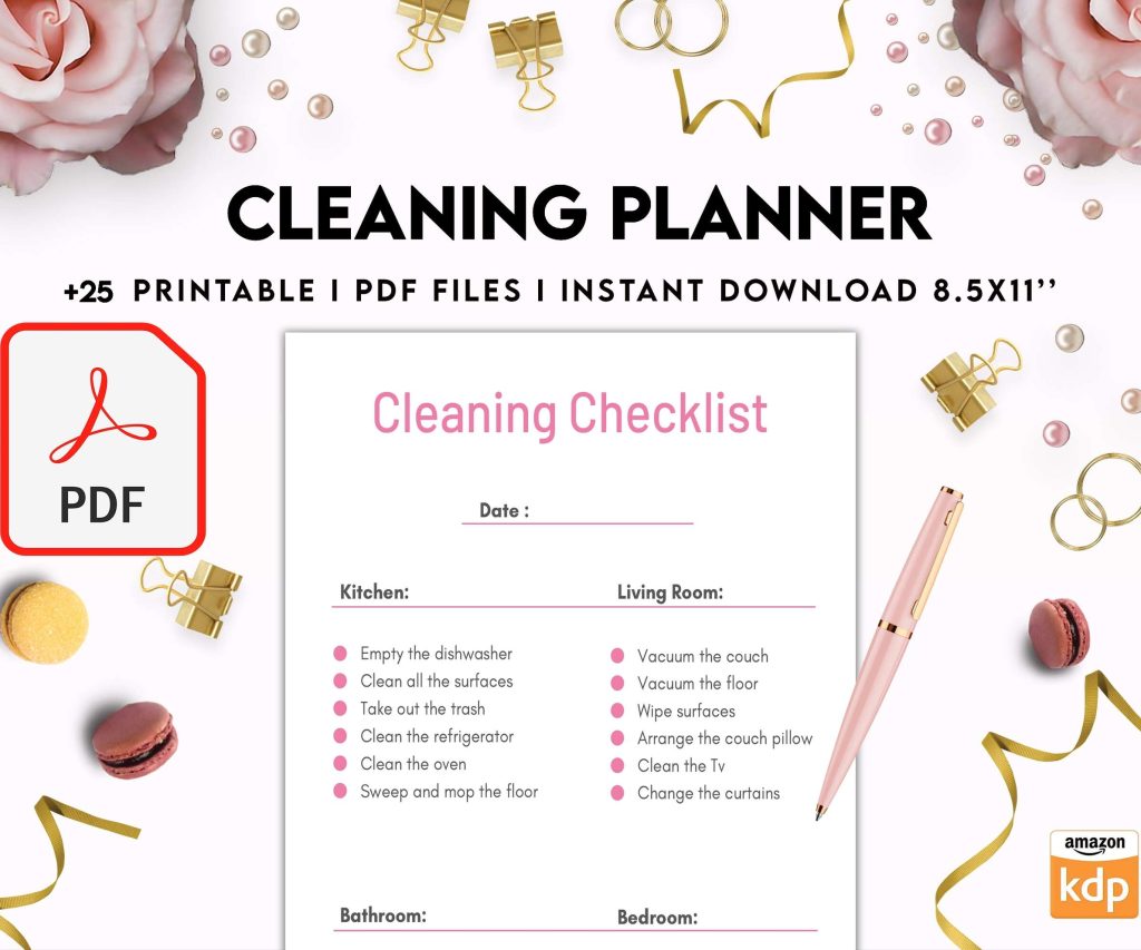 Cleaning Planner, Daily weekly monthly planner, cleaning Checklist, Cleaning tracker, PDF Printable, 8,5×11″ A4 size