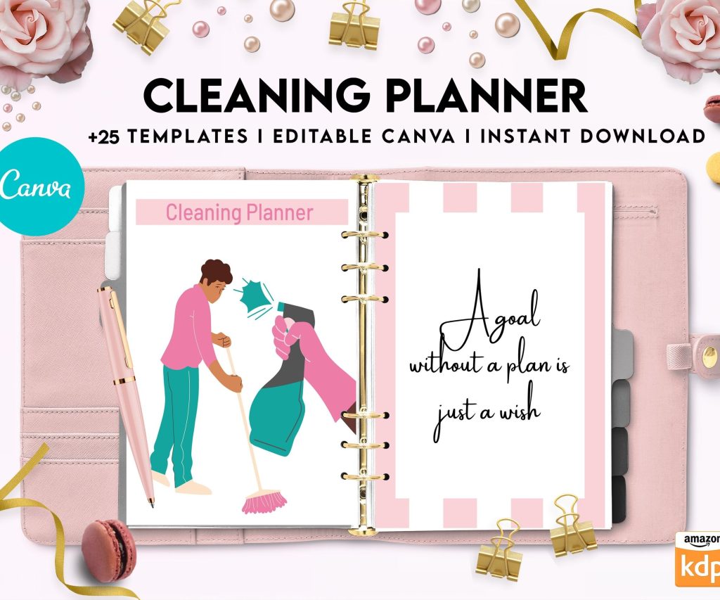 Cleaning Planner, Daily weekly monthly planner, cleaning Checklist, Cleaning tracker, Canva Editable Templates, interior cleaning binder