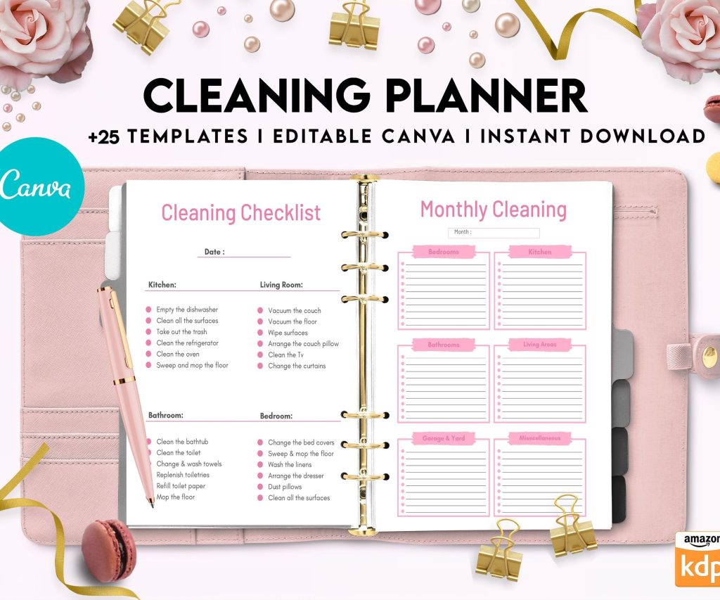 Cleaning Planner, Daily weekly monthly planner, cleaning Checklist, Cleaning tracker, Canva Editable Templates, interior cleaning binder