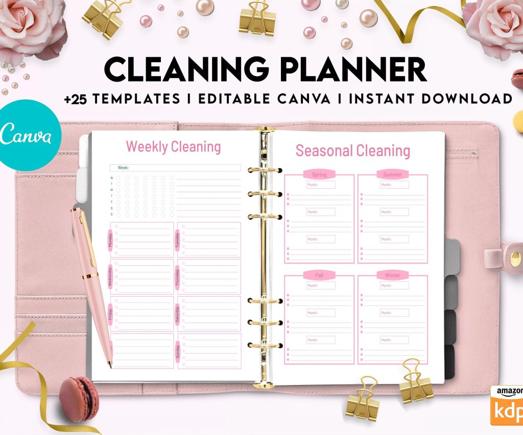 Cleaning Planner, Daily weekly monthly planner, cleaning Checklist, Cleaning tracker, Canva Editable Templates, interior cleaning binder