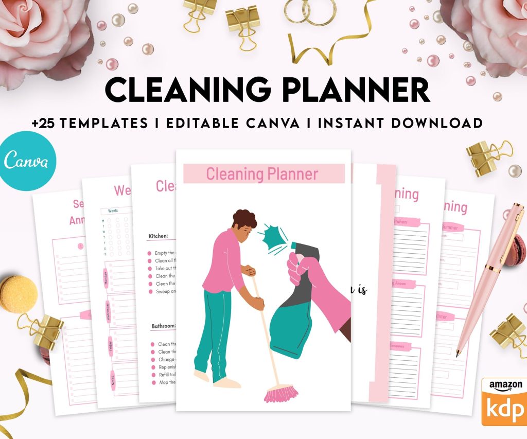 Cleaning Planner, Daily weekly monthly planner, cleaning Checklist, Cleaning tracker, Canva Editable Templates, interior cleaning binder