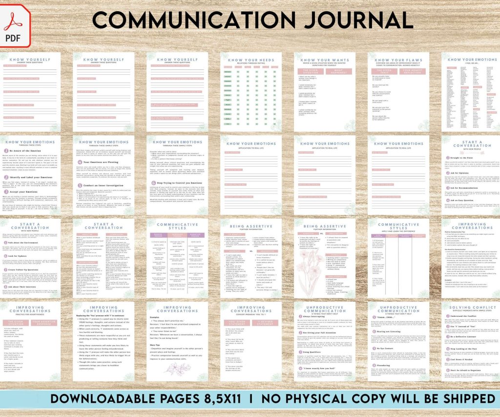 communication therapy Communication Journal, DBT Interpersonal Effectiveness, Mental Health 8×11 inch pages size, Therapy Worksheets, PDF Printable, 8,5×11″ A4 size Communication