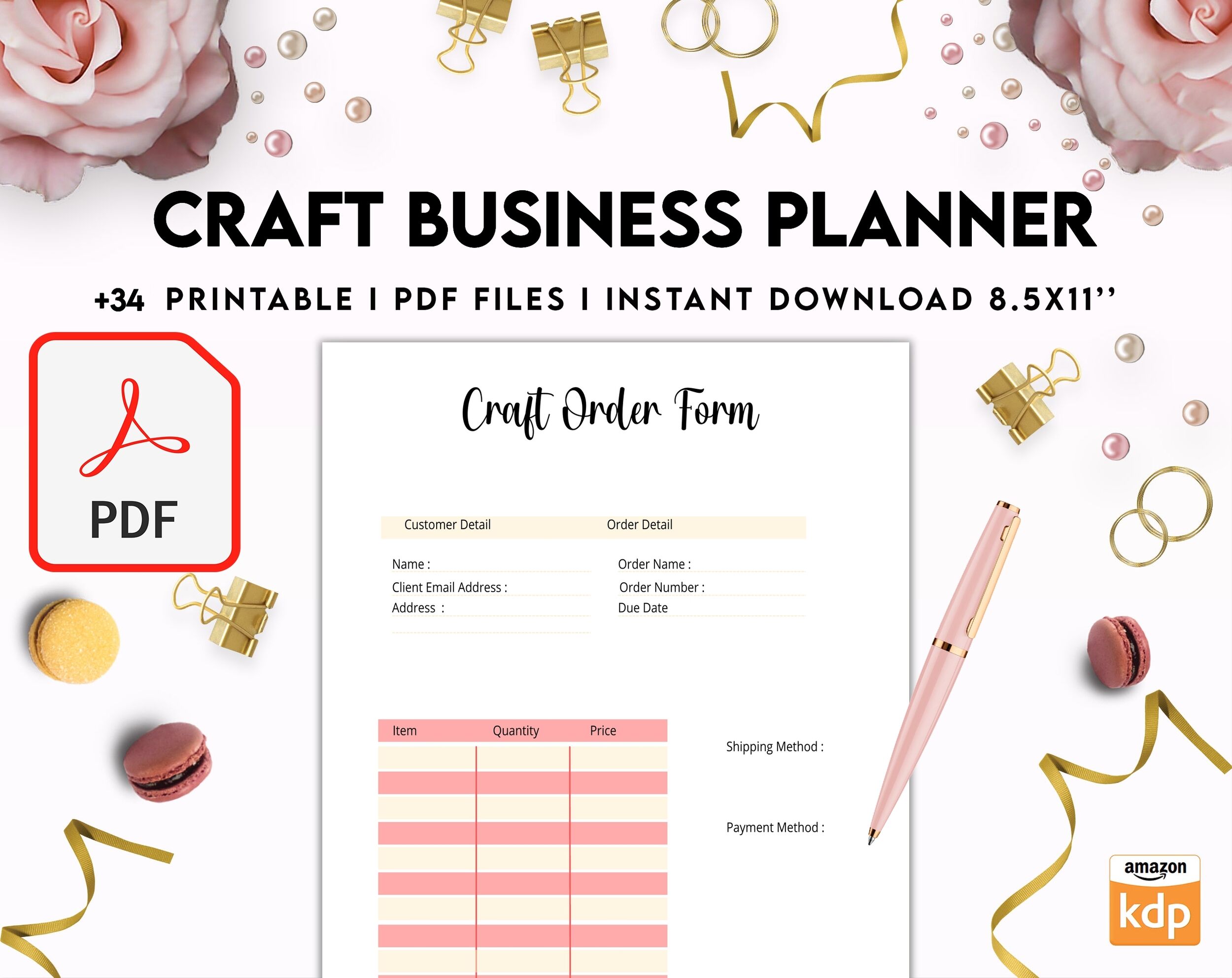 Craft Business Planner Template, Order form, Invoice, Tracker Etc. , PDF Printable, 8,5×11″ A4 size, Binder journal Business Template