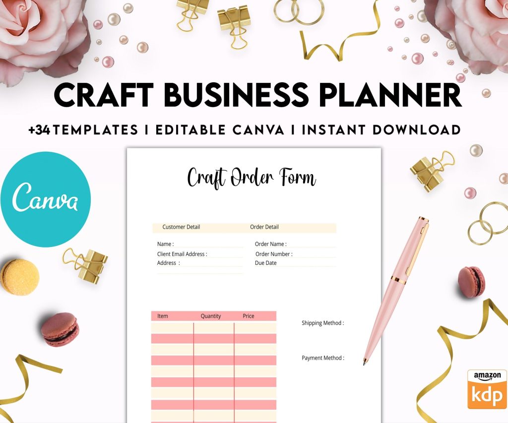 Craft Business Planner Template, Order form, Invoice, Tracker , Canva Editable Templates, interior, Binder journal Business Template