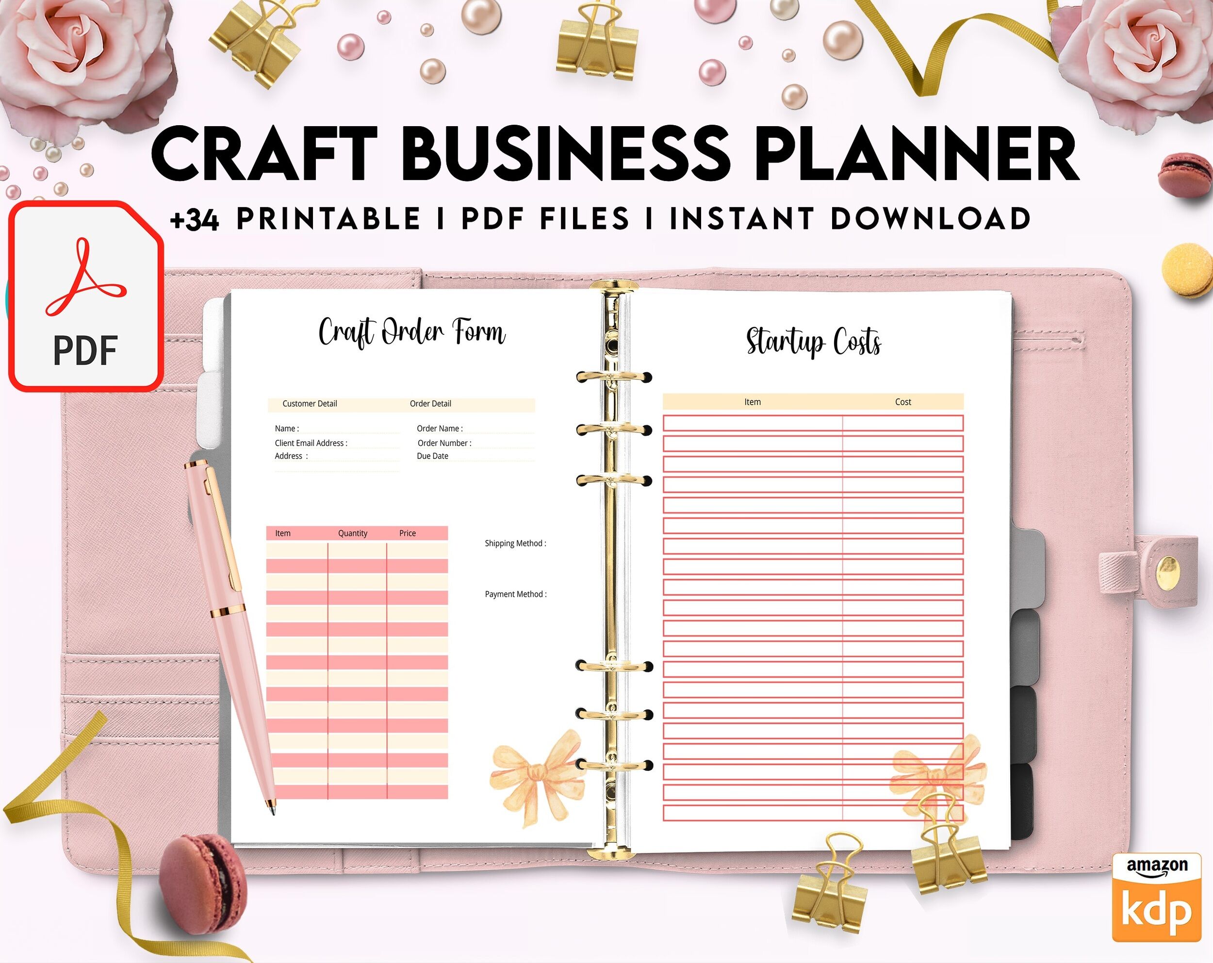 Craft Business Planner Template, Order form, Invoice, Tracker Etc. , PDF Printable, 8,5×11″ A4 size, Binder journal Business Template