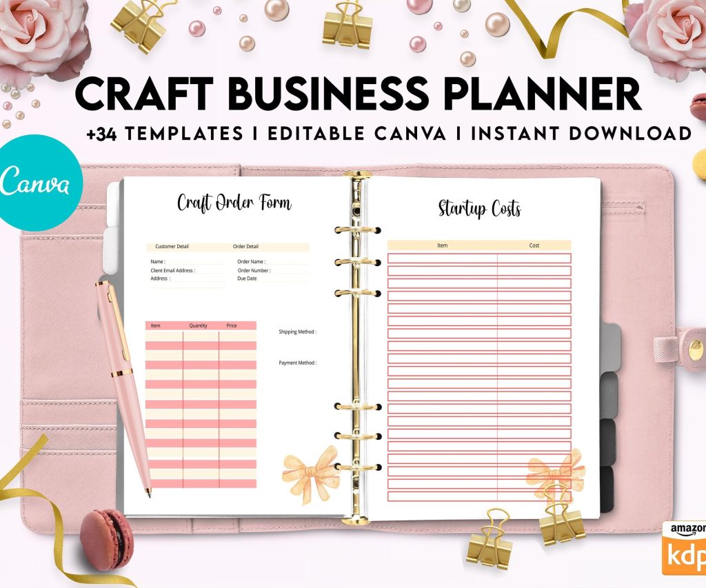 Craft Business Planner Template, Order form, Invoice, Tracker , Canva Editable Templates, interior, Binder journal Business Template
