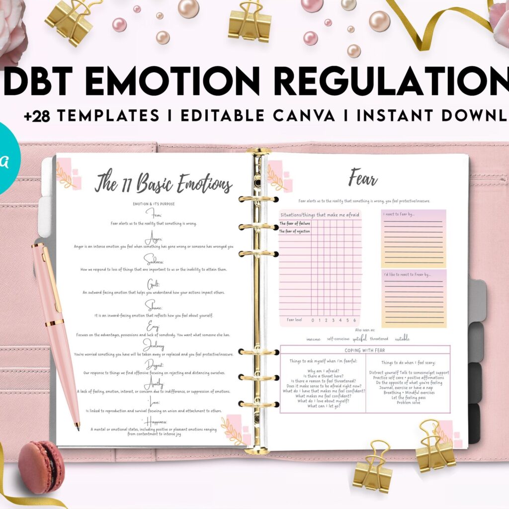 DBT Emotion Regulation Planner | Dialectical Behavioural Therapy, Emotion Regulation, Canva Editable Templates, interior anxiety