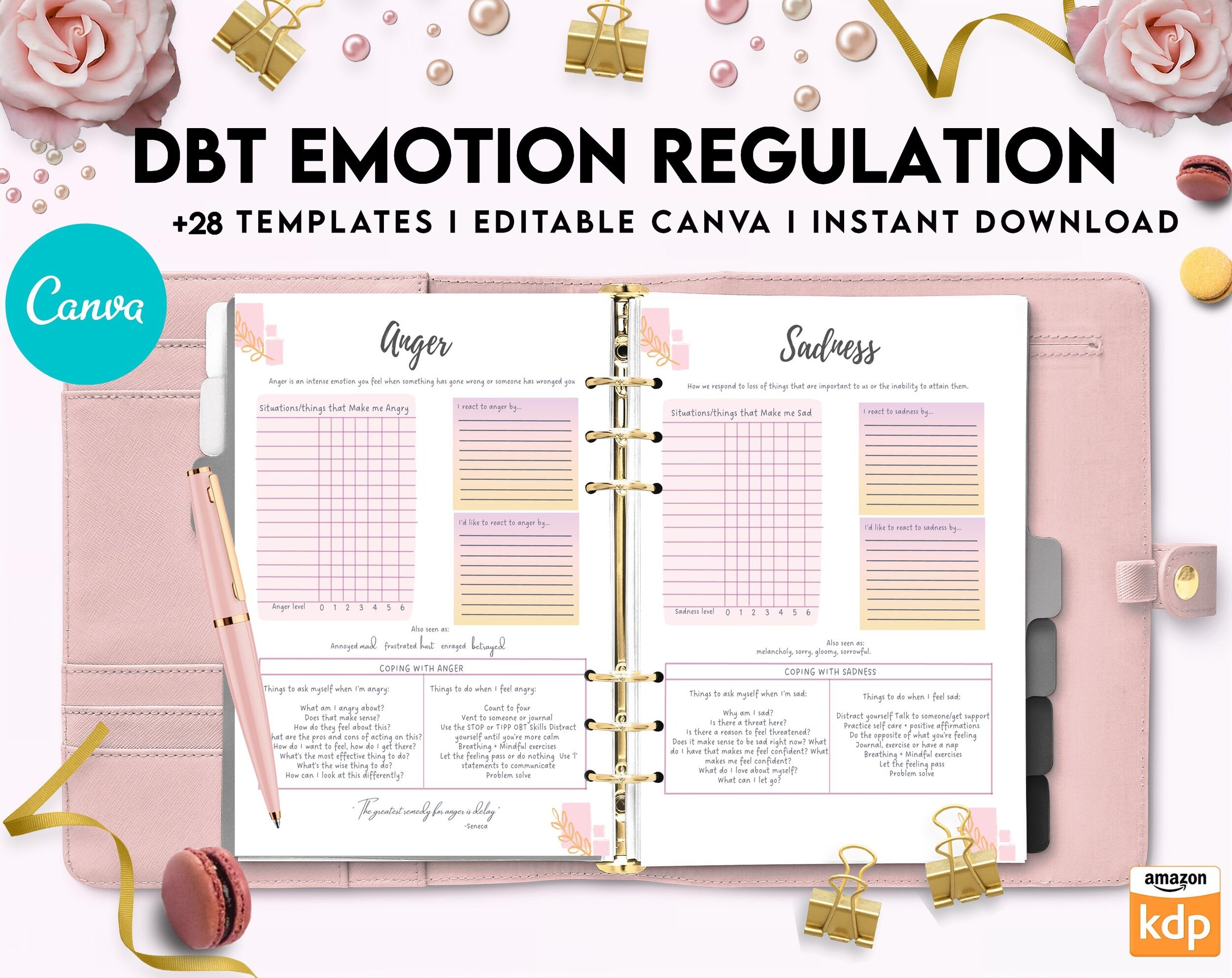 DBT Emotion Regulation Planner | Dialectical Behavioural Therapy, Emotion Regulation, Canva Editable Templates, interior anxiety