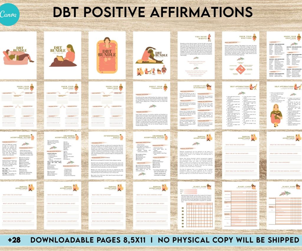 Diary Card DBT Bundle, Diary Card, Cheat Sheet, Positive Affirmations, Dialectical Behavior Therapy, Canva Editable Templates, interior anxiety journal pdf