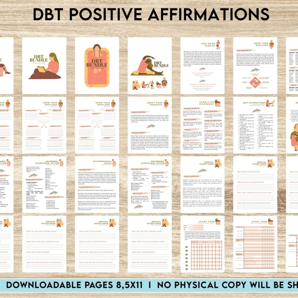 dbt workbook DBT Bundle, Diary Card, Cheat Sheet, Positive Affirmations, Dialectical Behavior Therapy, PDF Printable, 8,5×11″ A4 size anxiety journal pdf