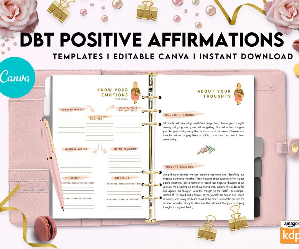 DBT Bundle, Diary Card, Cheat Sheet, Positive Affirmations, Dialectical Behavior Therapy, Canva Editable Templates, interior anxiety journal pdf