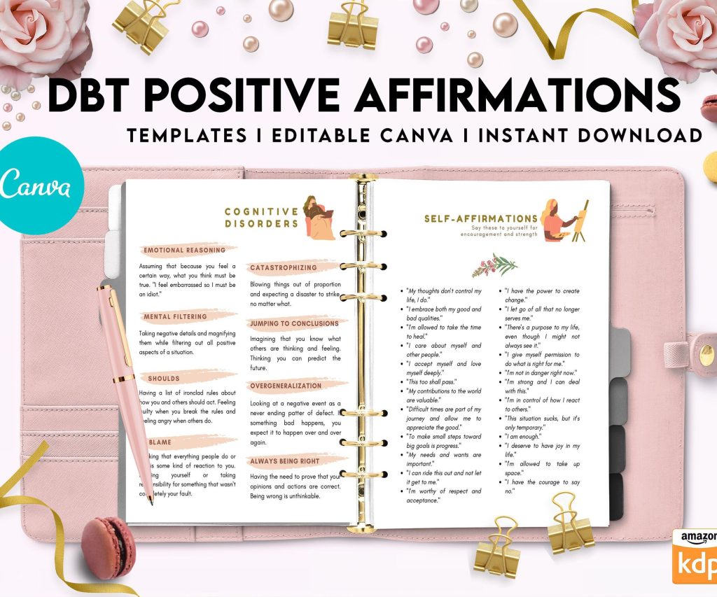 DBT Bundle, Diary Card, Cheat Sheet, Positive Affirmations, Dialectical Behavior Therapy, Canva Editable Templates, interior anxiety journal pdf