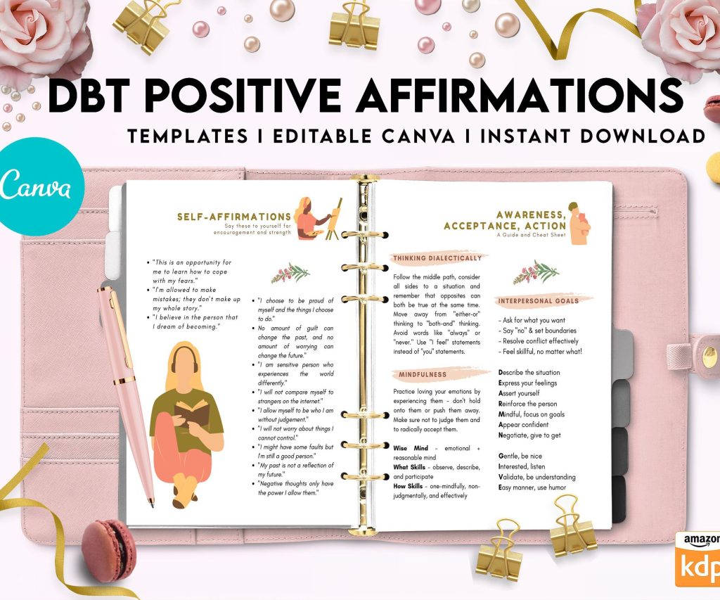 DBT Bundle, Diary Card, Cheat Sheet, Positive Affirmations, Dialectical Behavior Therapy, Canva Editable Templates, interior anxiety journal pdf