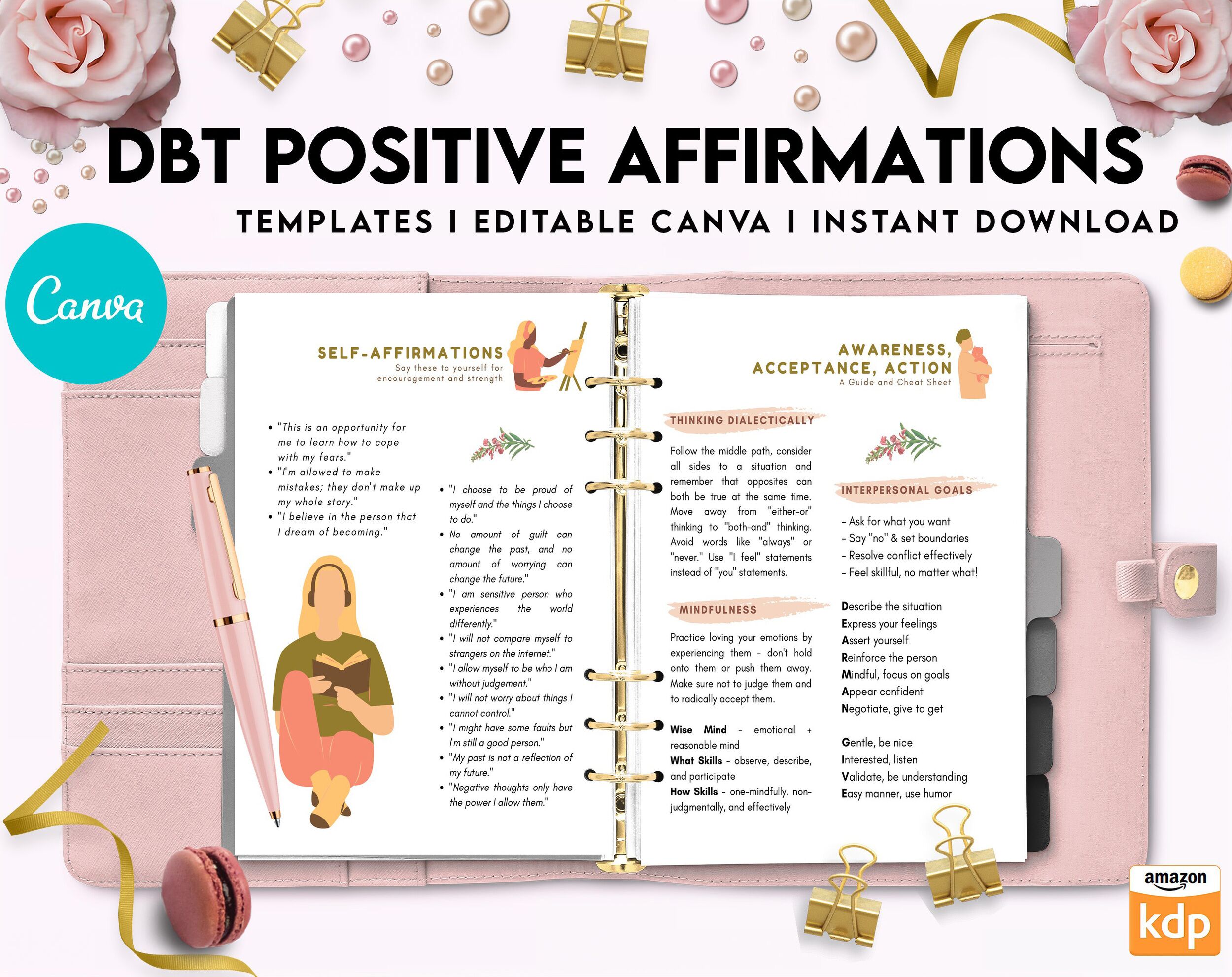 DBT Bundle, Diary Card, Cheat Sheet, Positive Affirmations, Dialectical Behavior Therapy, Canva Editable Templates, interior anxiety journal pdf