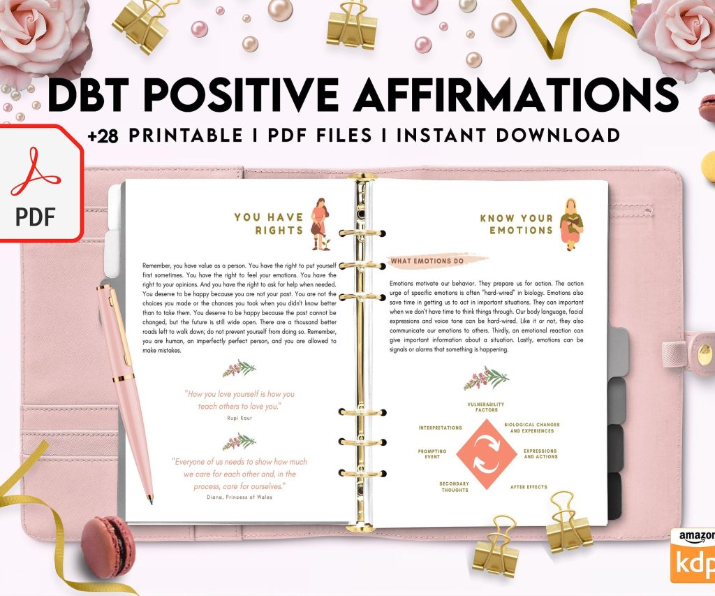 DBT Bundle, Diary Card, Cheat Sheet, Positive Affirmations, Dialectical Behavior Therapy, PDF Printable, 8,5×11″ A4 size anxiety journal pdf