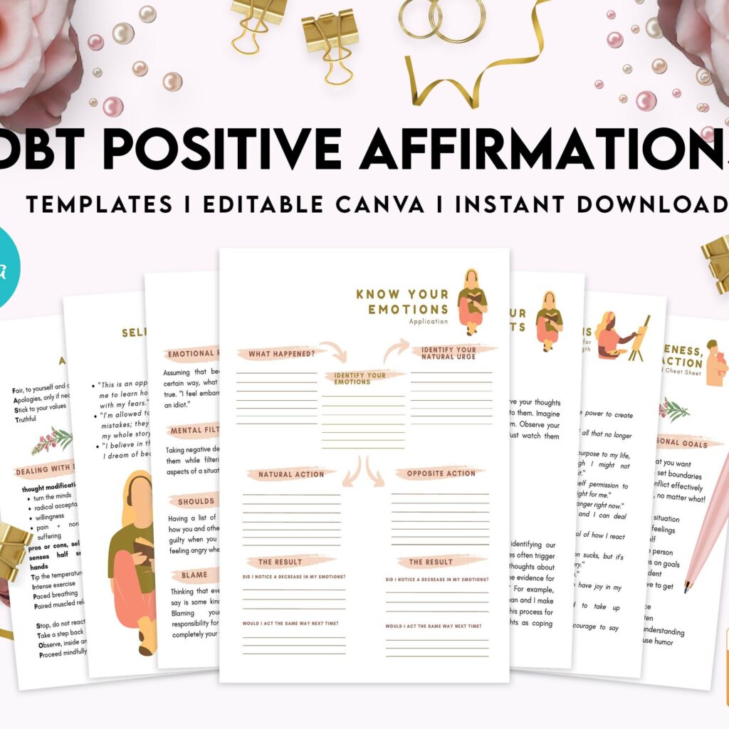 DBT Bundle, Diary Card, Cheat Sheet, Positive Affirmations, Dialectical Behavior Therapy, Canva Editable Templates, interior anxiety journal pdf