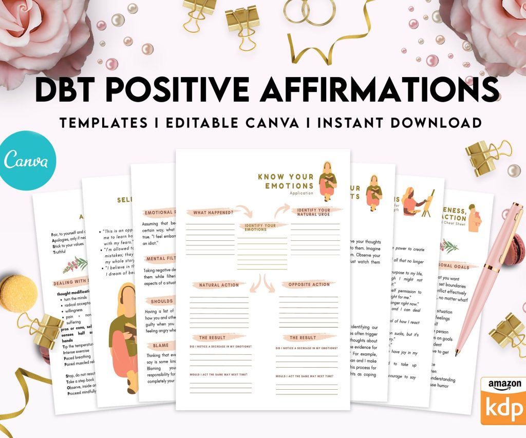 DBT Bundle, Diary Card, Cheat Sheet, Positive Affirmations, Dialectical Behavior Therapy, Canva Editable Templates, interior anxiety journal pdf