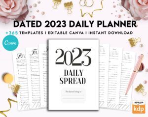 2023 Daily Planner Dated 2023 Daily Planner 365 Canva Templates 8.5×11, Printable and Editable with 2023 Calendar, also used as Binder, agenda interior 2023