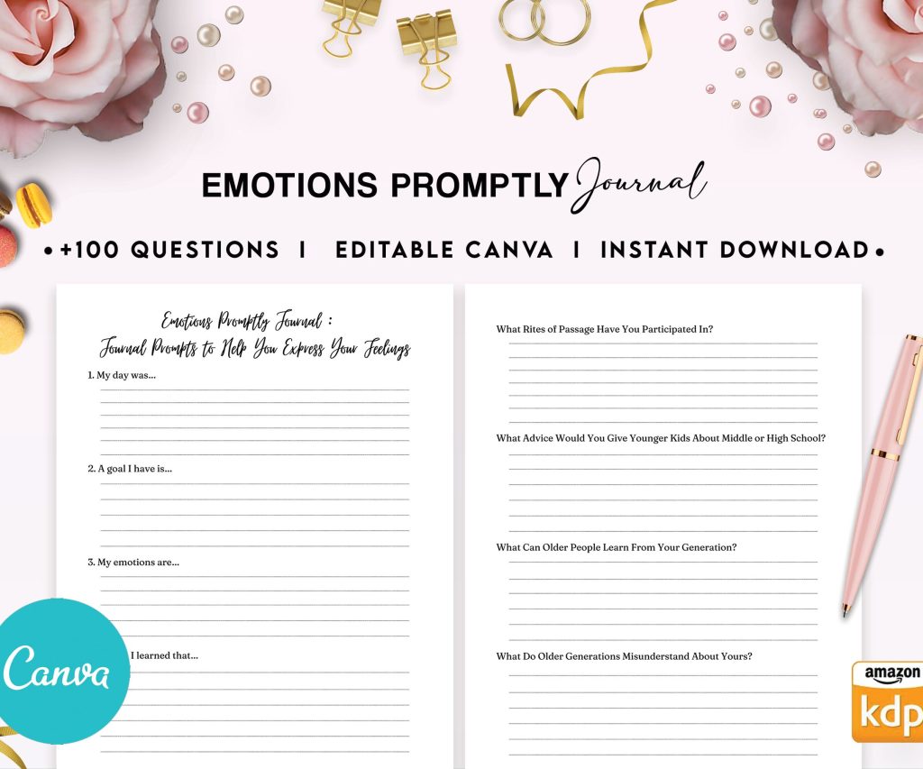 Emotions Promptly Journal 35 Editable Templates, 8.5×11″ Canva Planner editable interior COMMERCIAL Use Canva editable KDP interior