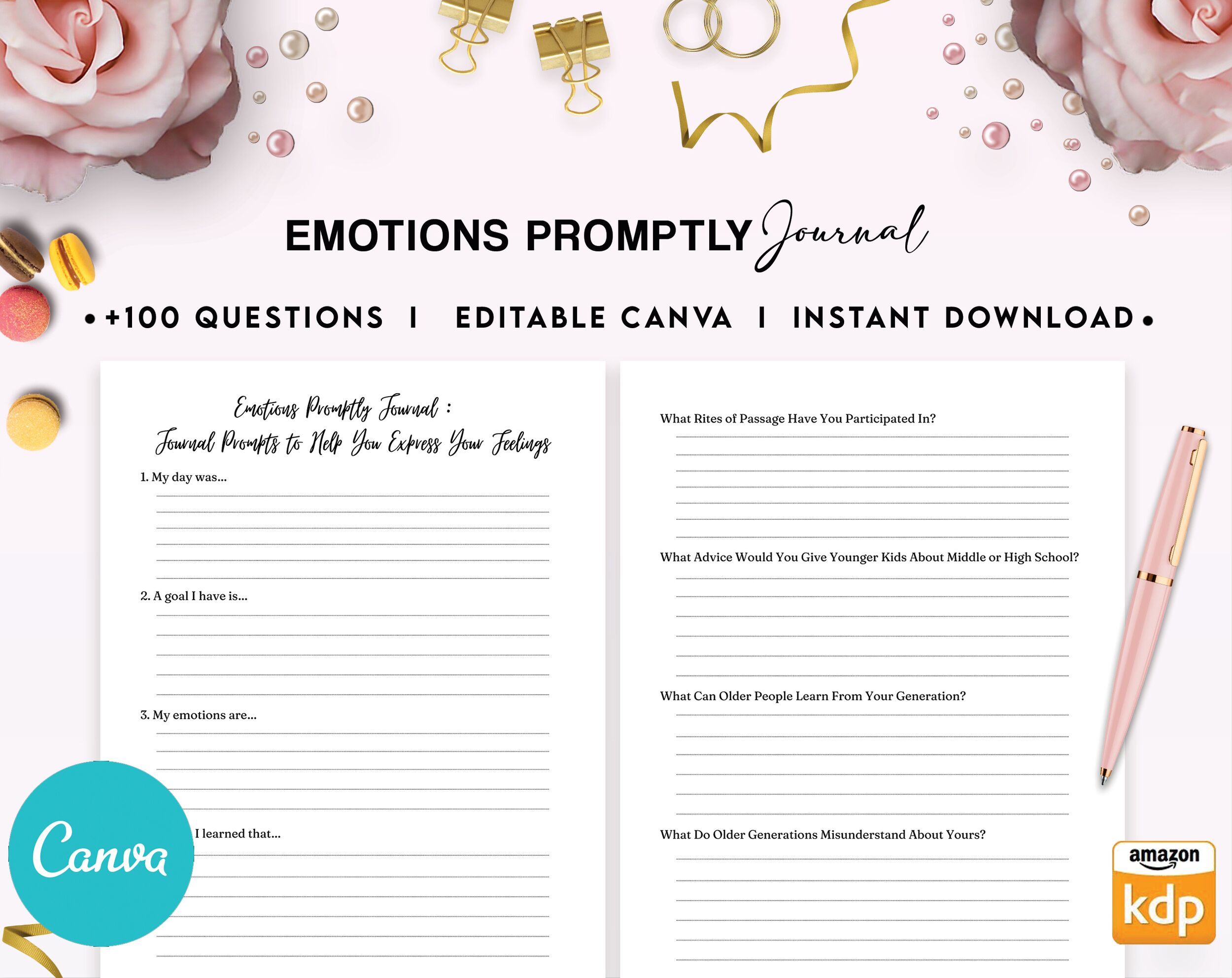 Emotions Promptly Journal 35 Editable Templates, 8.5×11″ Canva Planner editable interior COMMERCIAL Use Canva editable KDP interior