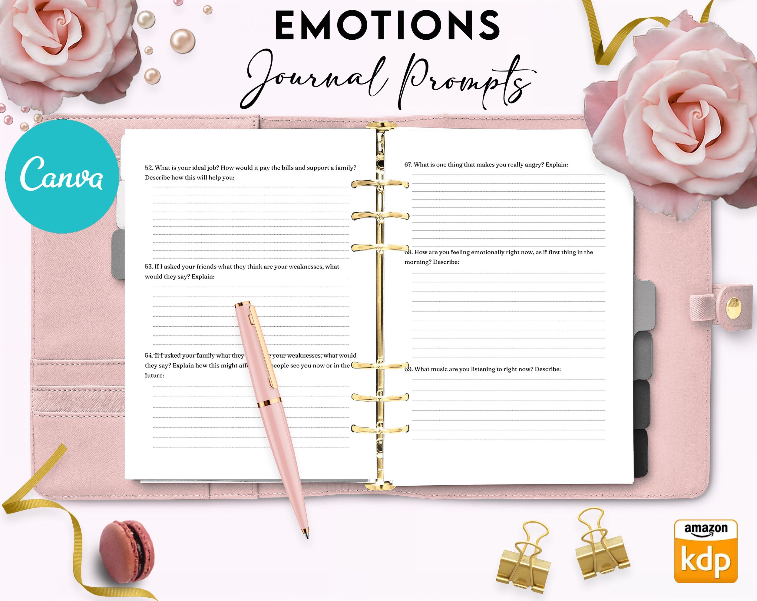 Emotions Promptly Journal 35 Editable Templates, 8.5×11″ Canva Planner editable interior COMMERCIAL Use Canva editable KDP interior