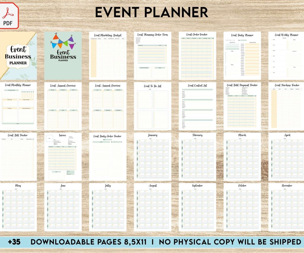 Event Planning Business Planner, Order form, Invoice, Tracker… , 35 pages PDF Printable, 8,5×11″ A4 size, Binder journal