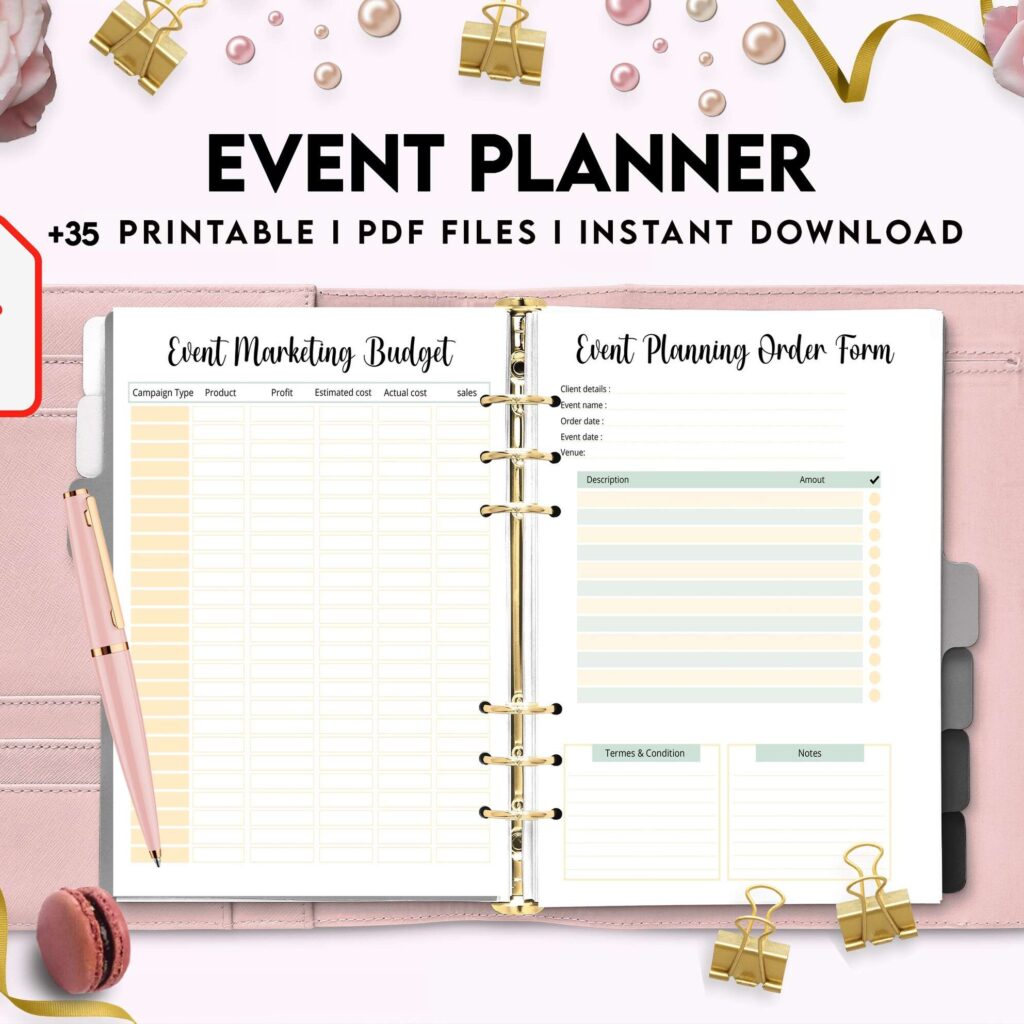 Event Planning Business Planner, Order form, Invoice, Tracker… , 35 pages PDF Printable, 8,5×11″ A4 size, Binder journal