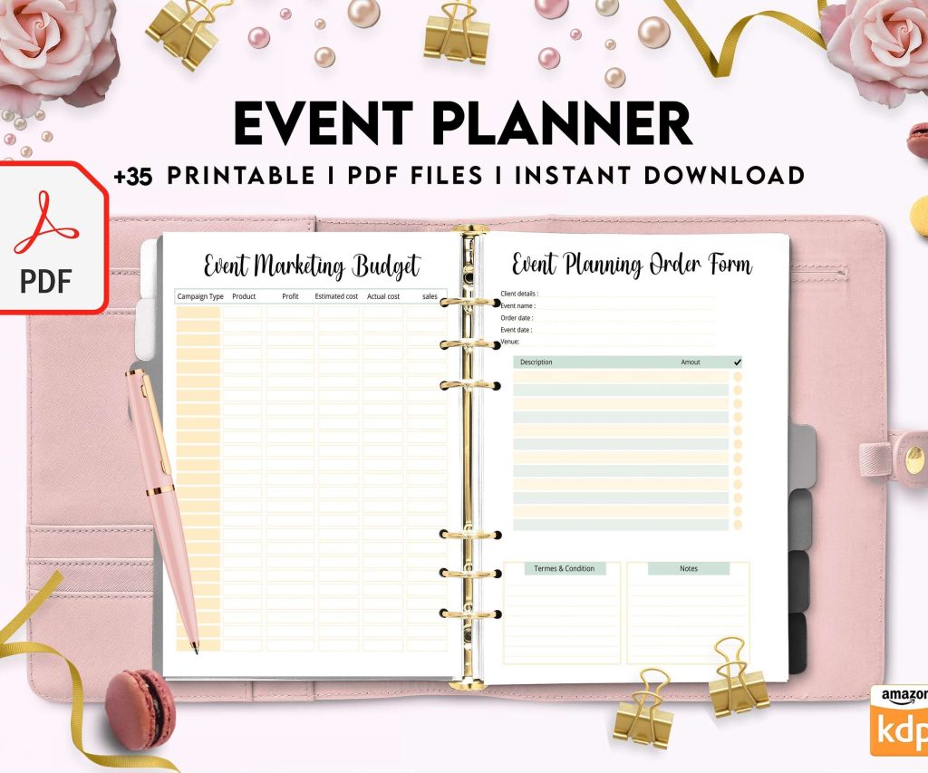 Event Planning Business Planner, Order form, Invoice, Tracker… , 35 pages PDF Printable, 8,5×11″ A4 size, Binder journal