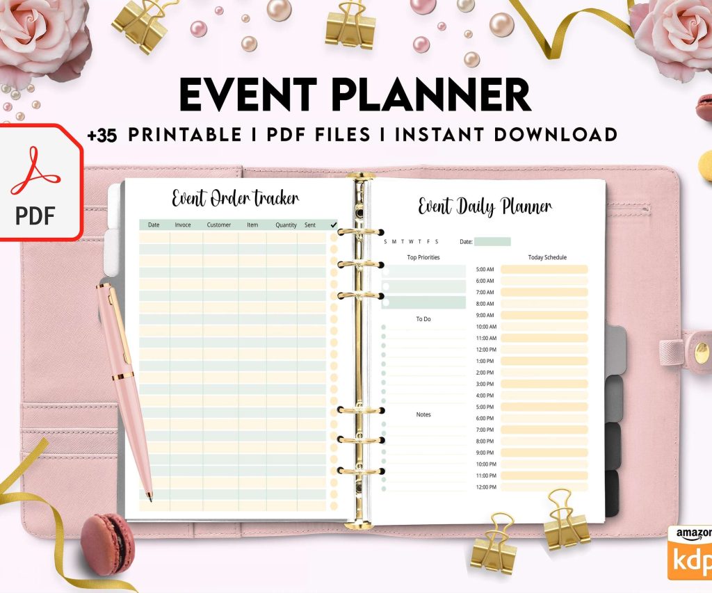 Event Planning Business Planner, Order form, Invoice, Tracker… , 35 pages PDF Printable, 8,5×11″ A4 size, Binder journal