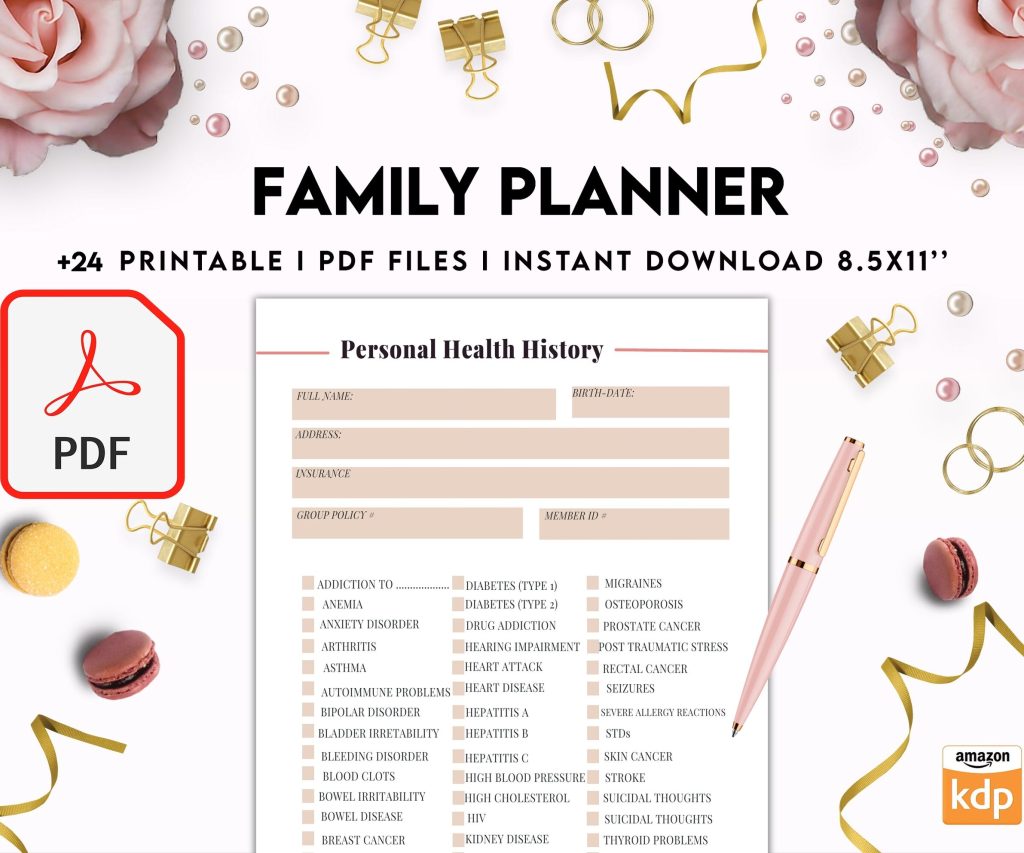 Family Health History, Personal Health History, Medical Record Tracker, Medical Appointment Tracker, Physician Form template, PDF Printable, 8,5×11″ A4 size appointment journal